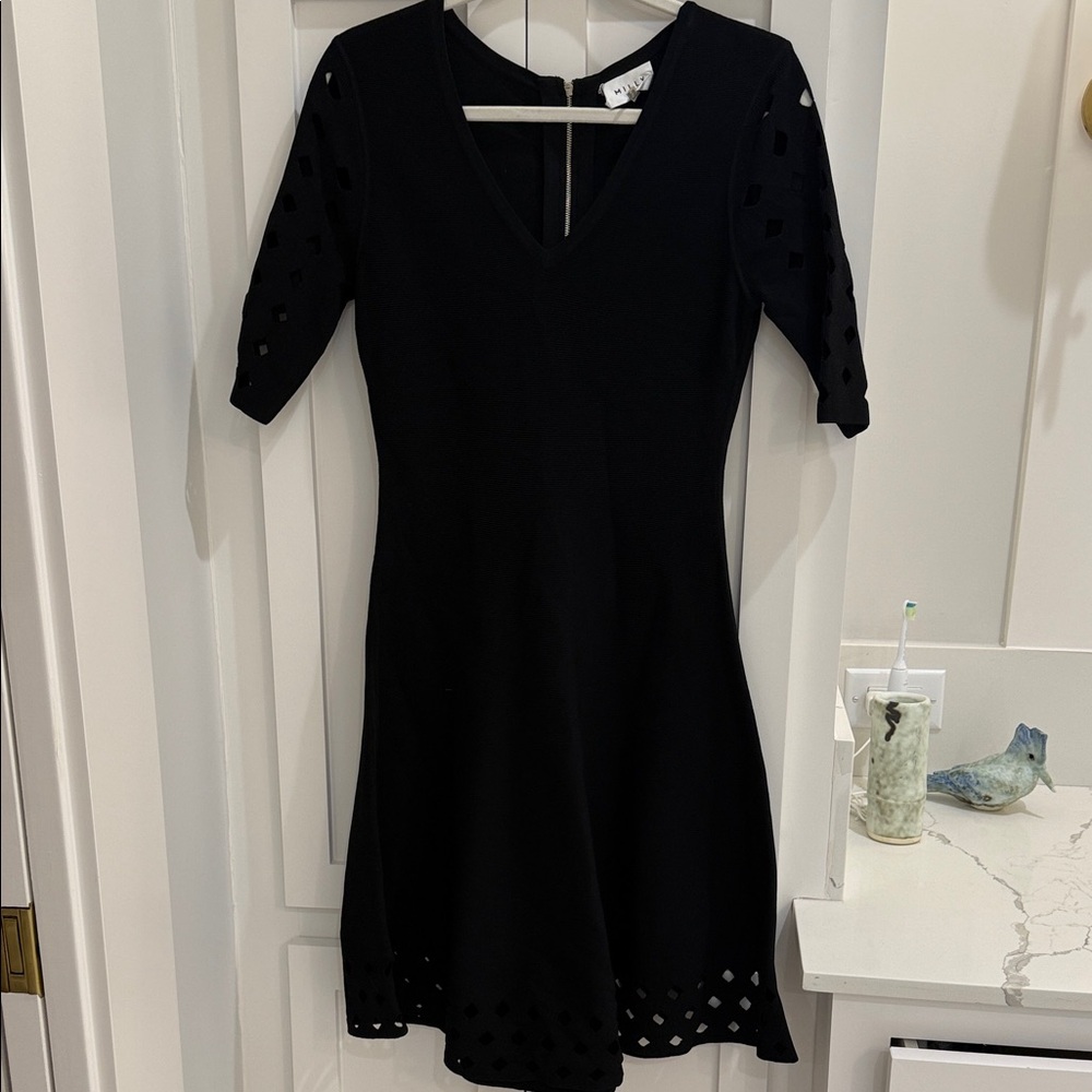 Milly Black Mid Sleeve Fit and Flare V Neck Dress with Cut Out Details S